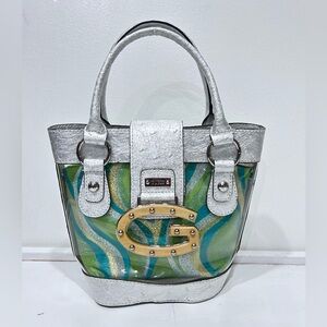 Vintage GUESS Y2K Samba Clear Mini Tote Faux Ostrich Trim Green Metallic Lining